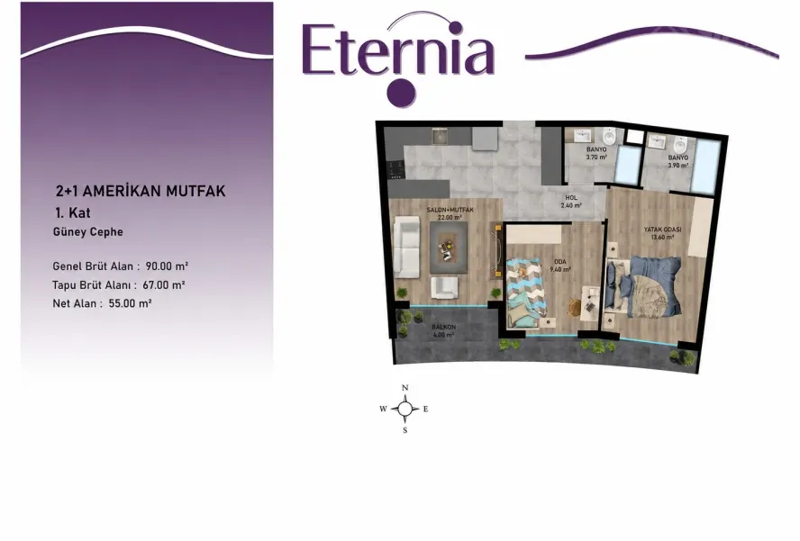 Eternia, 2+1, 55 м²