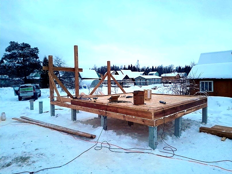 Haus 24 m², Projekt „Nezhnost 3“, SNT „Kolos“: Fundament und Bodenrahmen