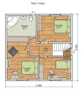147 m² ev, “Yesentuki 8x8” projesi, Kalachevo köyü: proje planı