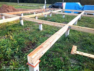 Haus nach Projekt „Barnhouse 65“, Dorf Kryukovo: Fundament und Grundrahmen