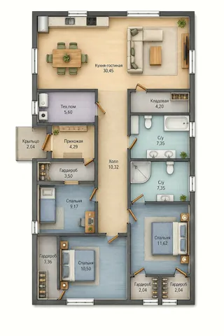 129,55 m² house built to a custom design, Kostroma Region: design floor plan